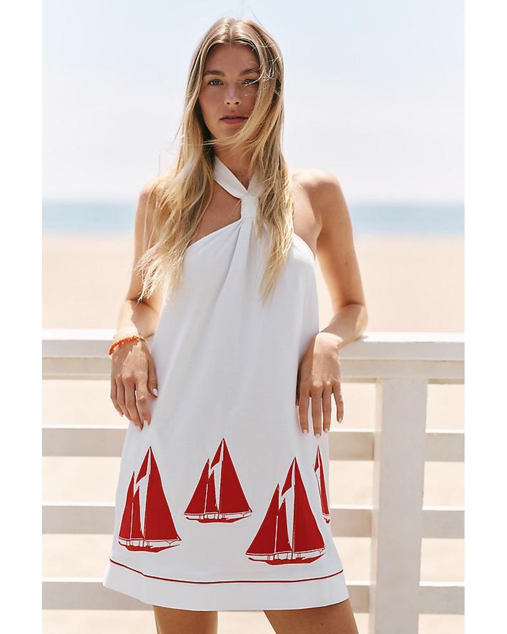 Celandine White Embroidered Sailboat Halter Mini Dress