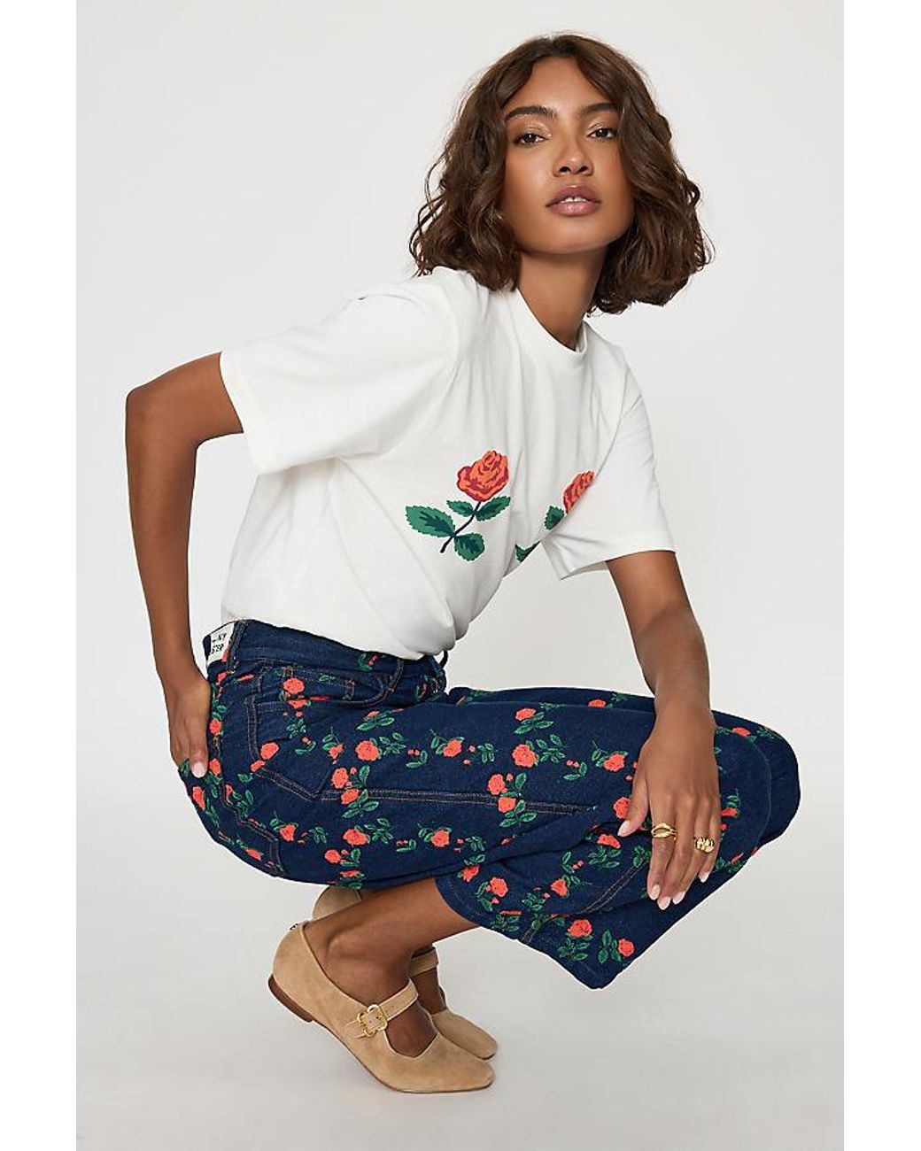 The Tiny Big Sister Blue Floral Embroidered Wide-Leg Jeans