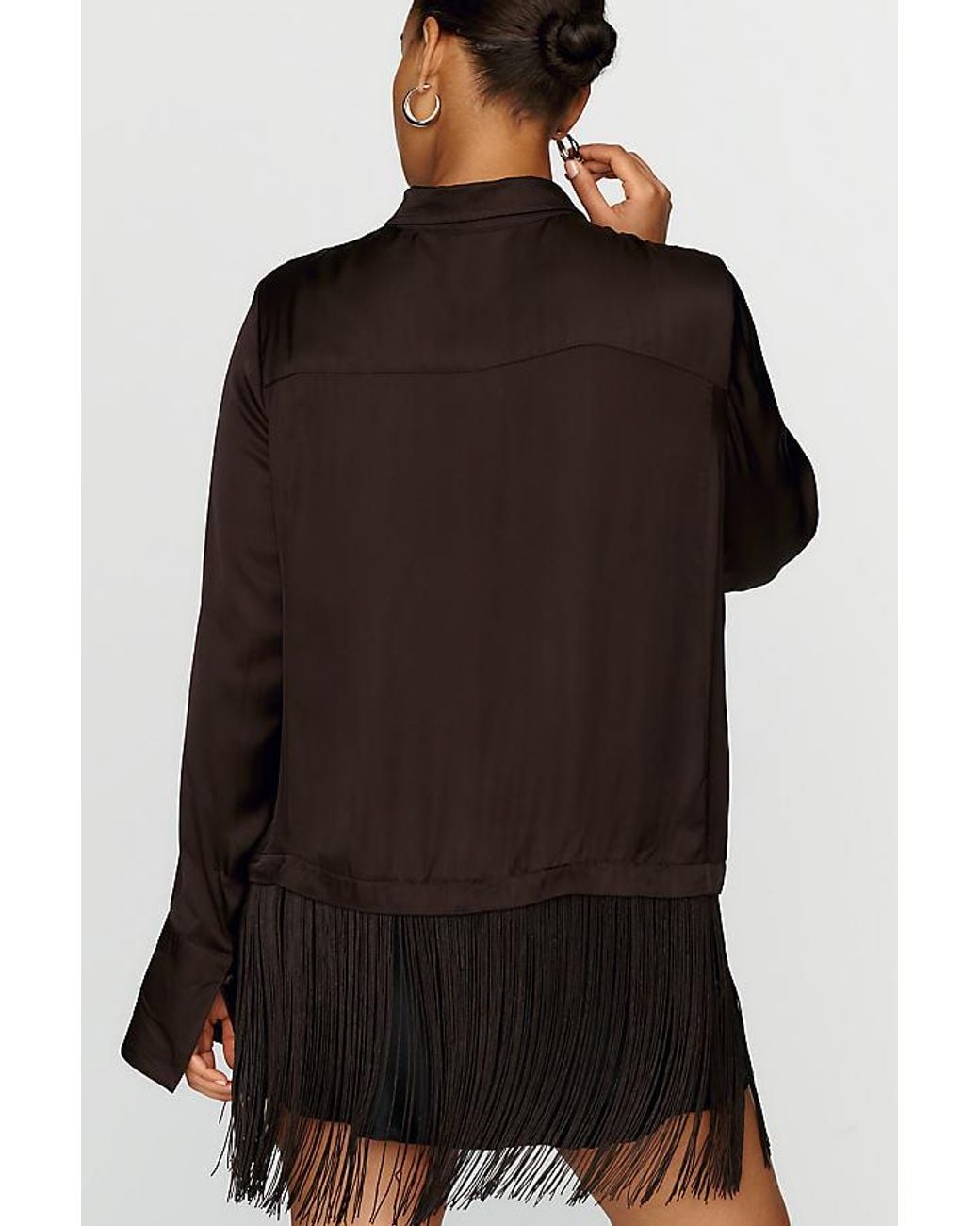 By Anthropologie Gray Satin Fringe-Hem Button-Front Blouse