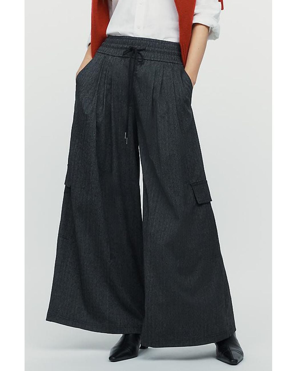 Maeve Blue Sparkled Herringbone Wide-Leg Cargo Trousers