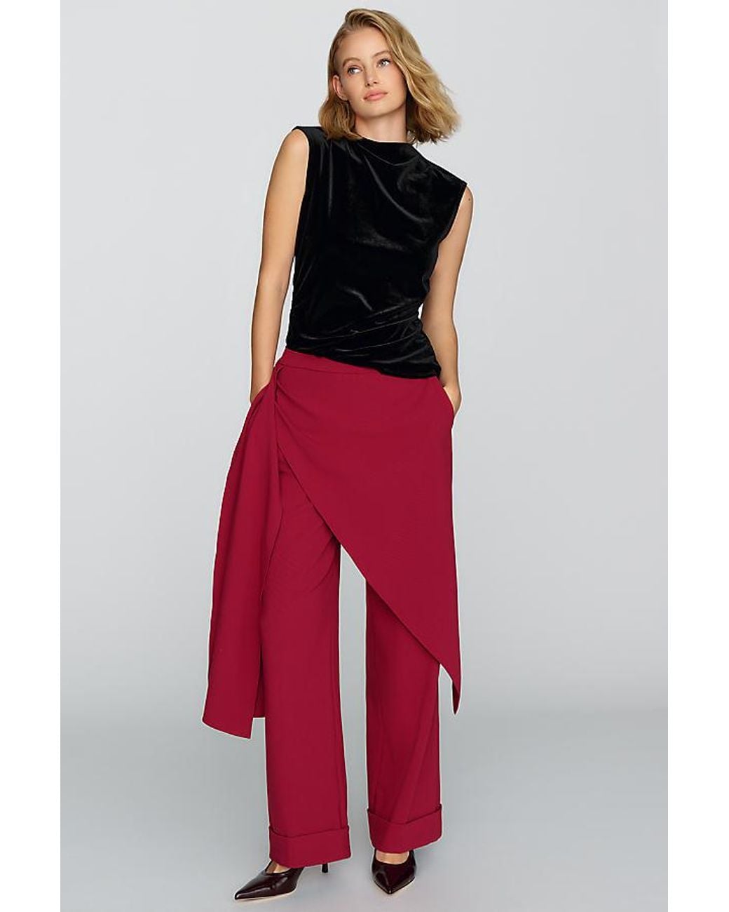 Maeve Red High-Rise Straight-Leg Skirt Trousers