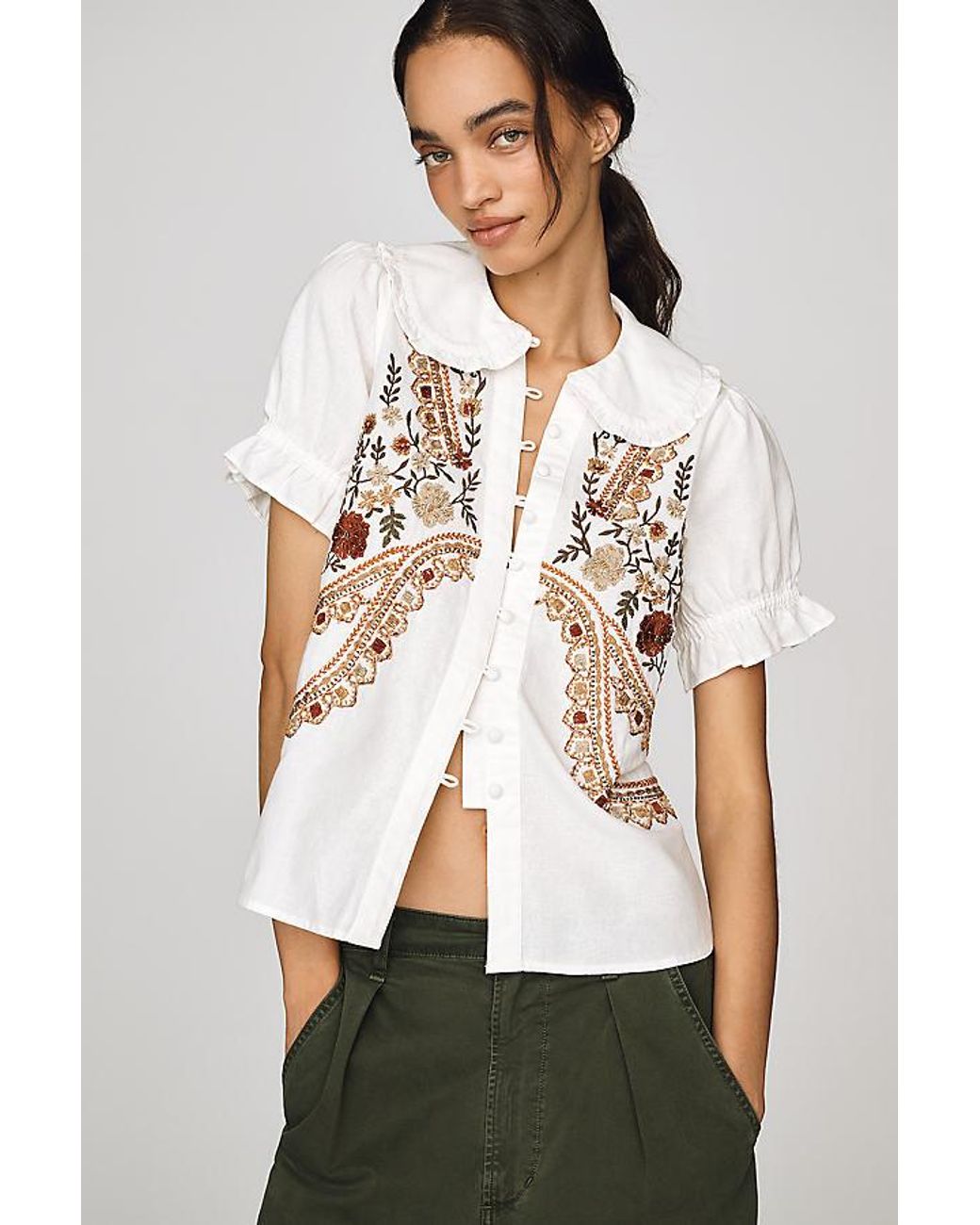 Pilcro Natural The Keira Collared Button-Front Blouse By Embroidered Edition