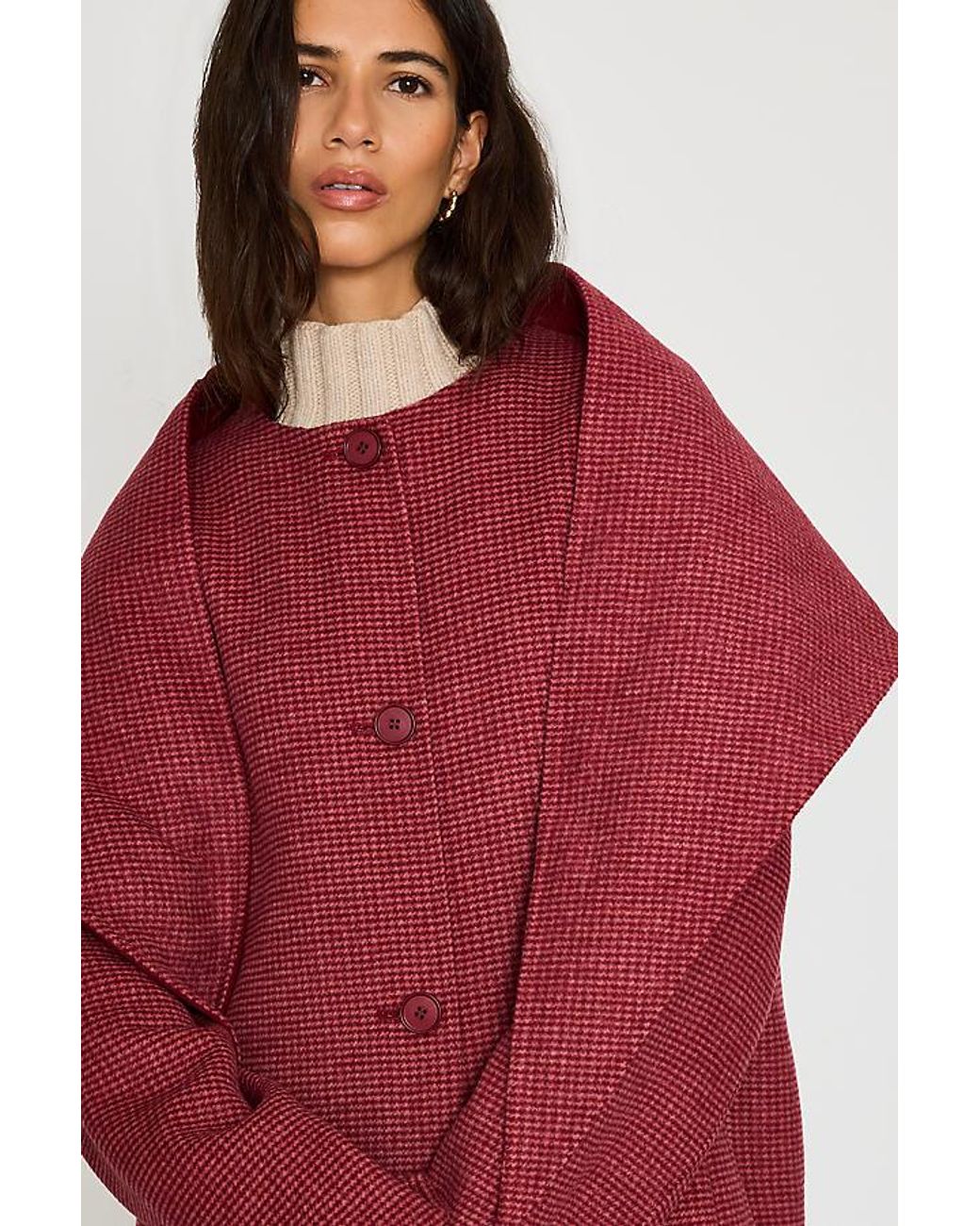 By Anthropologie Red Houndstooth Wool-Blend Scarf Coat