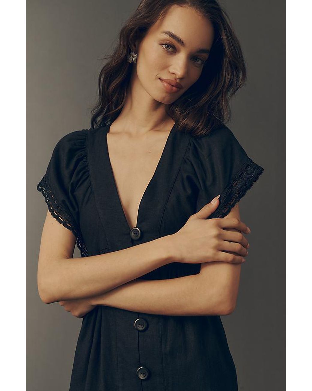 By Anthropologie Blue The Reneé Linen-Blend Button-Front Midi Dress