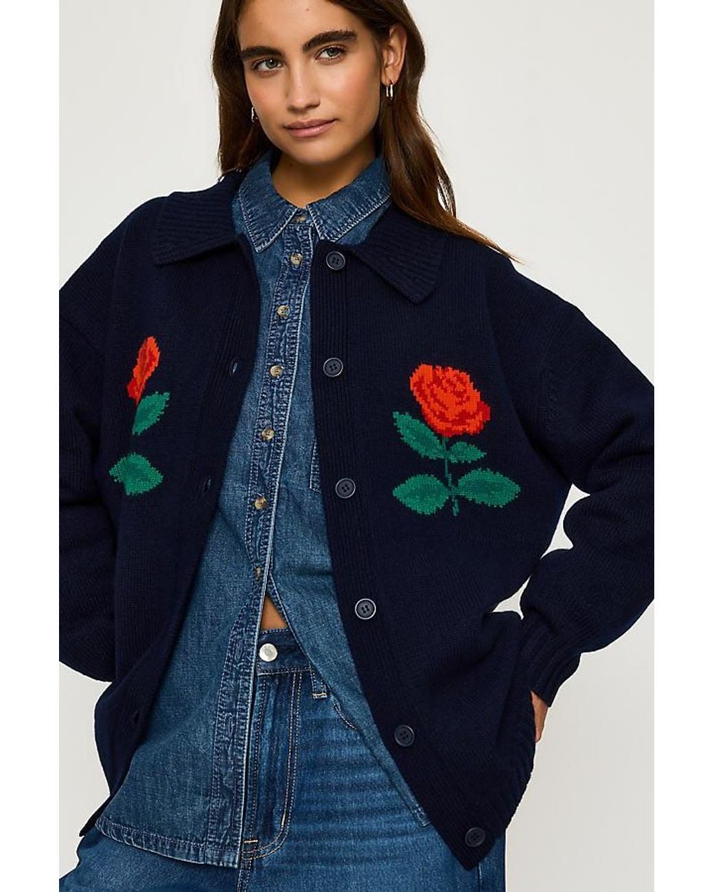 The Tiny Big Sister Blue Roses 100% Wool Oversized Cardigan