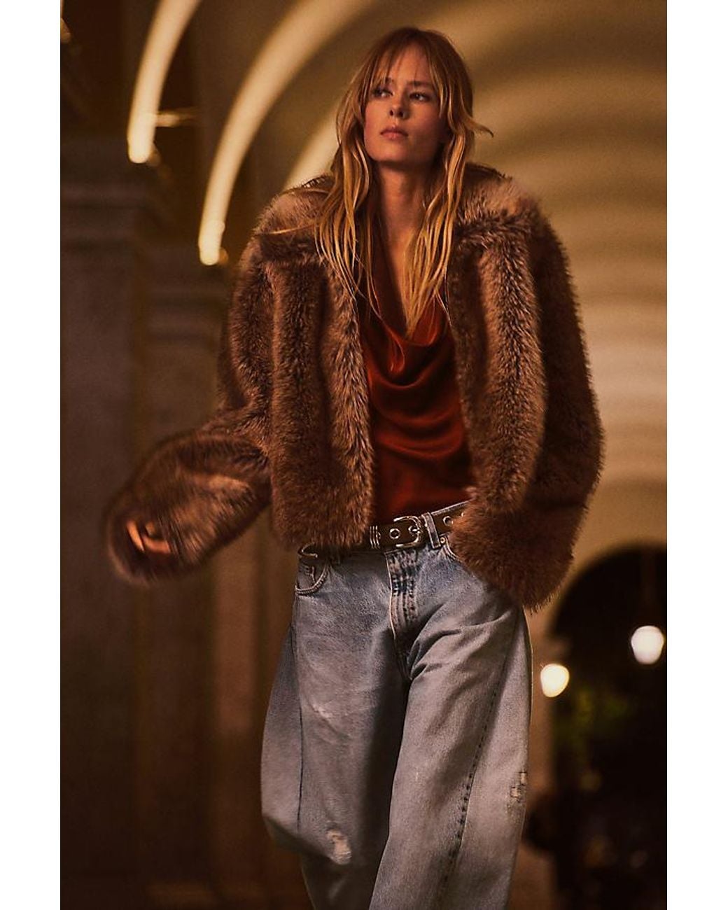 Maeve Brown Cropped Faux-Fur Coat