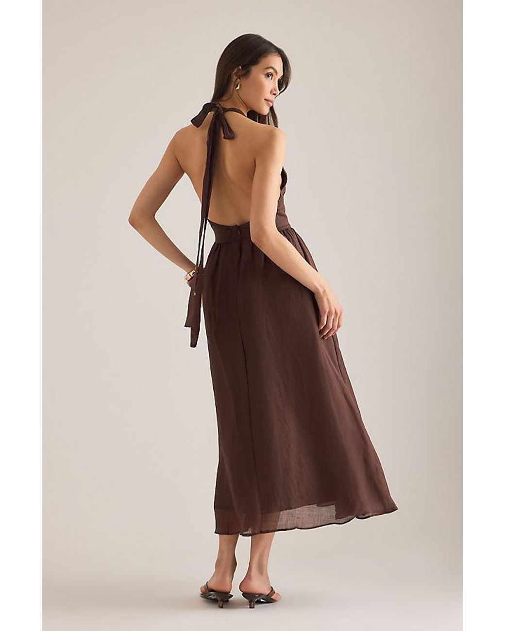 Bardot Cavarly Ramie Halter Midi Dress in Brown | Lyst UK