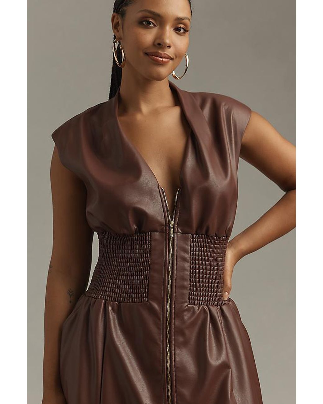 the tommie vegan leather front zip mini shirt dress By Anthropologie The Tommie Faux Leather Front-Zip Mini Shirt Dress