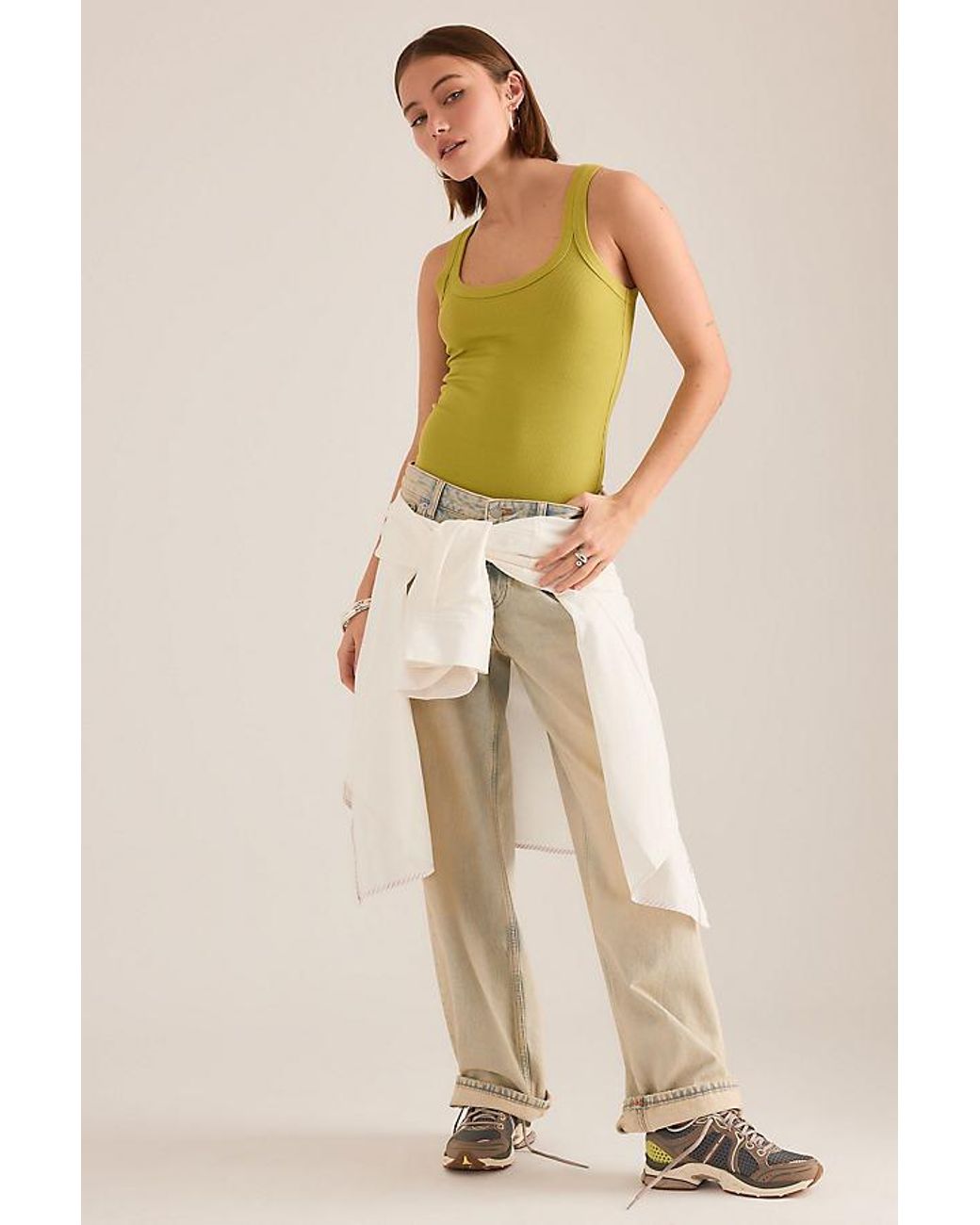 By Anthropologie Green Ribbed Scoop Tank Top