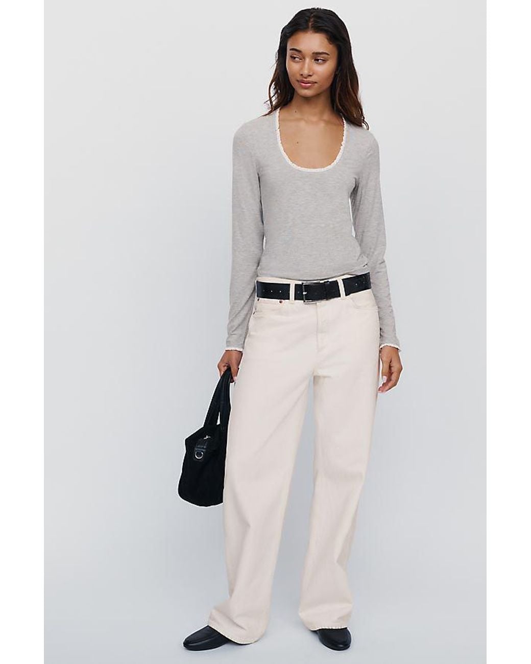 Maeve Gray Lace-Trim Long-Sleeve Top