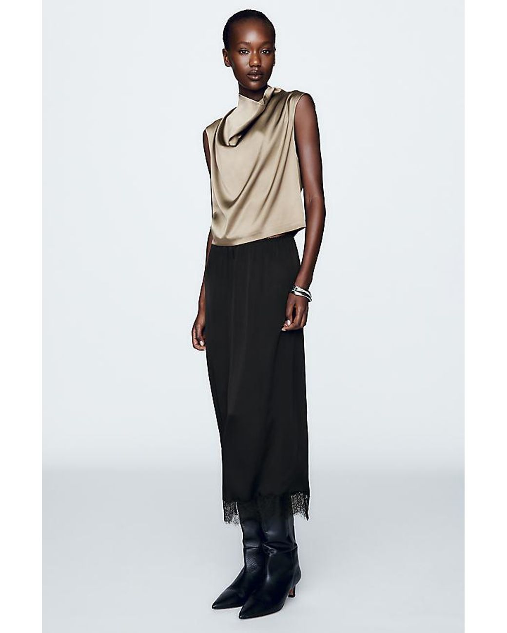 By Anthropologie Green Stretch Silk Cowl-Neck Top