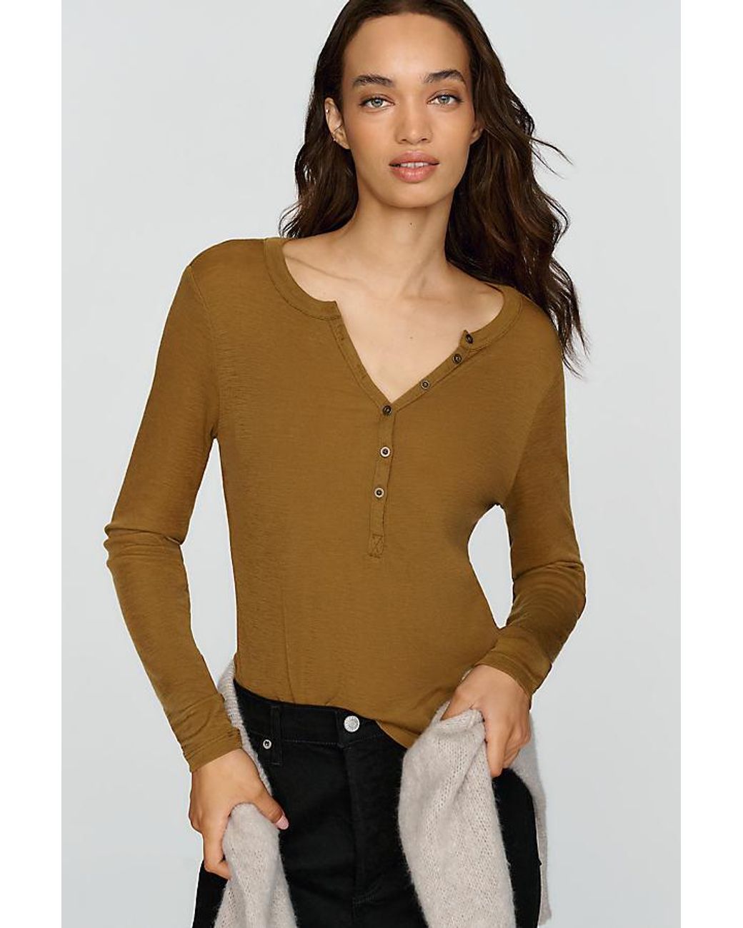 Pilcro Brown Andie 100% Wool Tissue Weight Henley Top