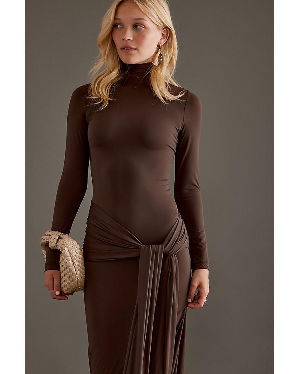 alix tie front long sleeve maxi dress Bardot Alix Maxi Tie Front Dress in Chocolate