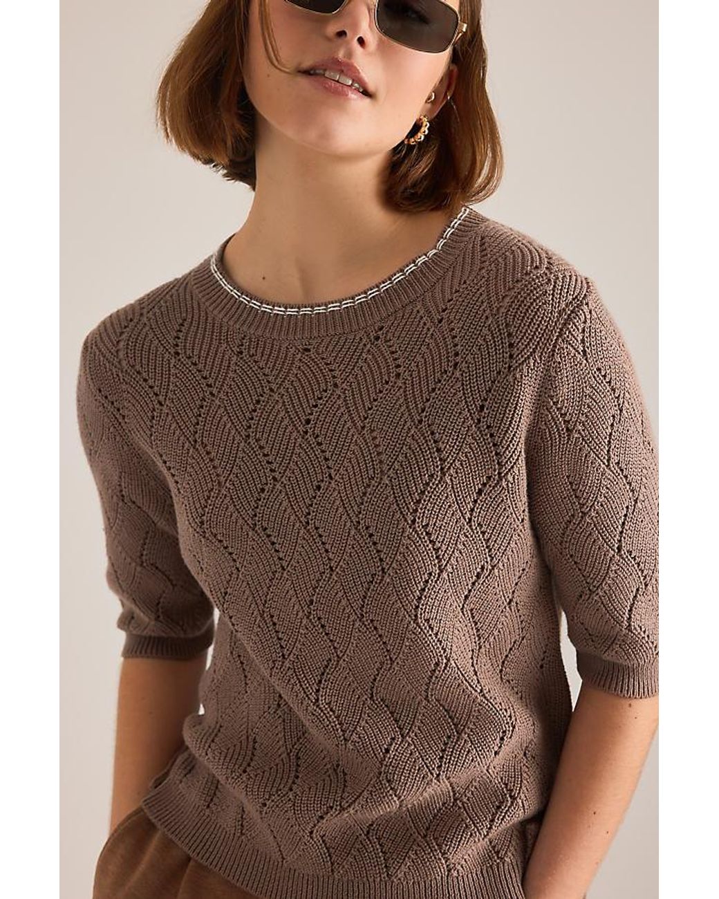 Varley Brown Agathe Pointelle Knit Top