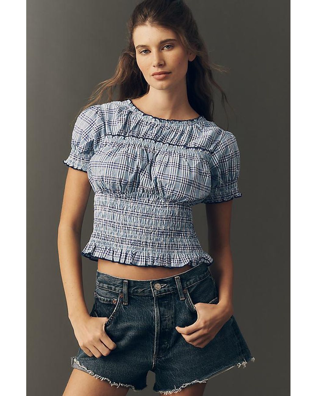 Maeve Blue Smocked Puff-Sleeve Gingham Top