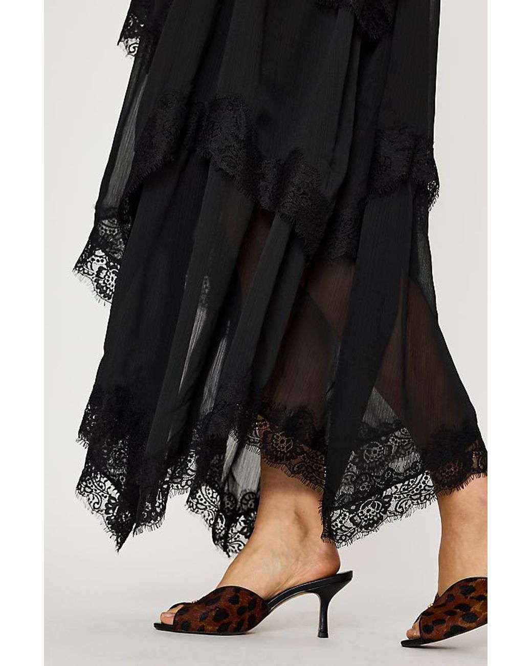 By Anthropologie Black Lace Ruffle Layered Maxi Dress