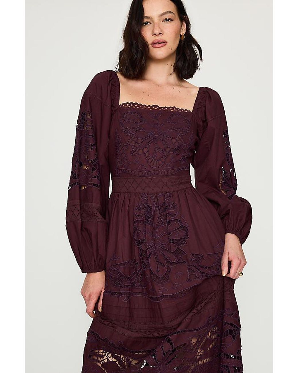 Bl-nk Purple Cutwork Long-Sleeve 100% Cotton Midi Dress