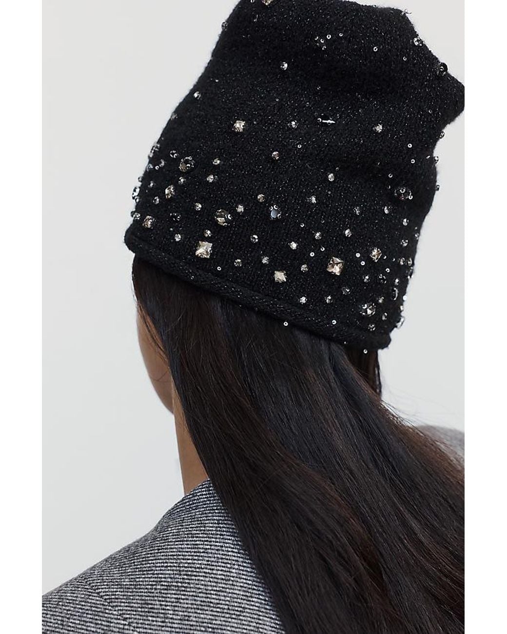 By Anthropologie Black Cuffless Embellished Beanie