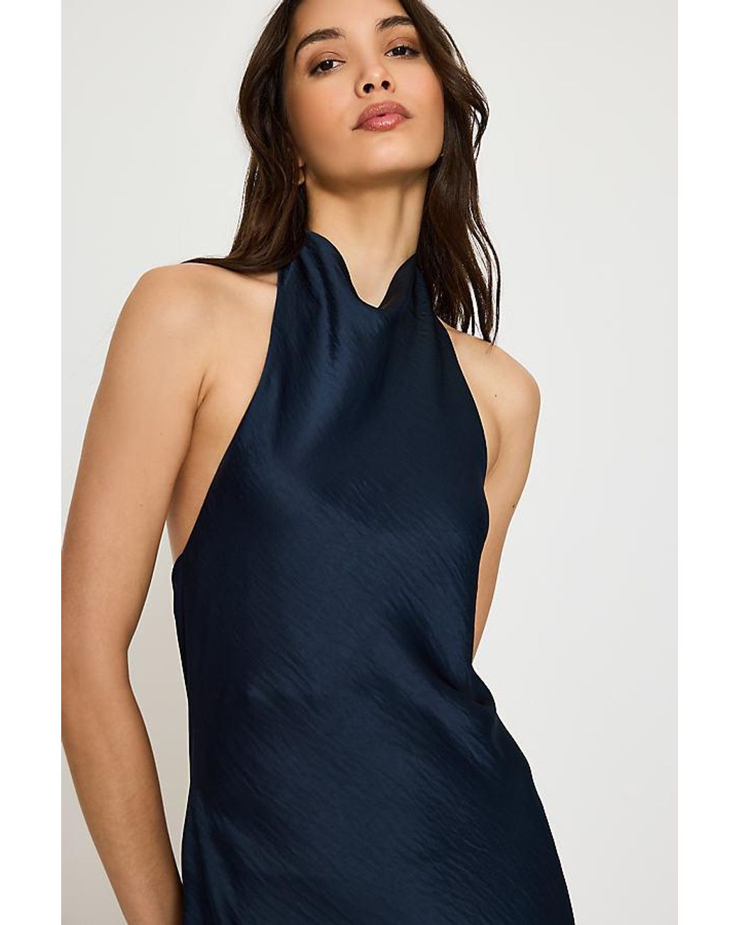 By Anthropologie Blue Halter Satin Midi Slip Dress