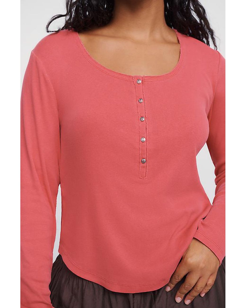 Pilcro Red Ribbed Long-Sleeve Henley Top