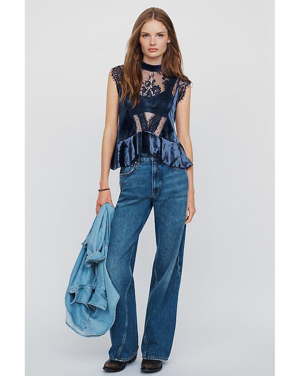 By Anthropologie Blue Harmony Velvet Lace Peplum Blouse