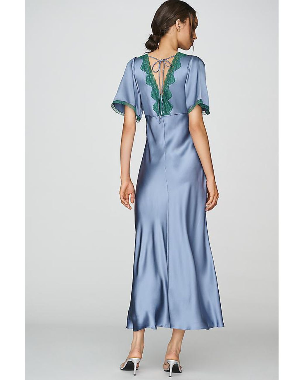 By Anthropologie Blue 100% Silk Lace-Trim Maxi Dress