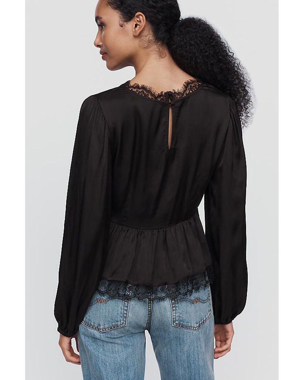By Anthropologie Black Satin Lace Trimmed Plunge Blouse
