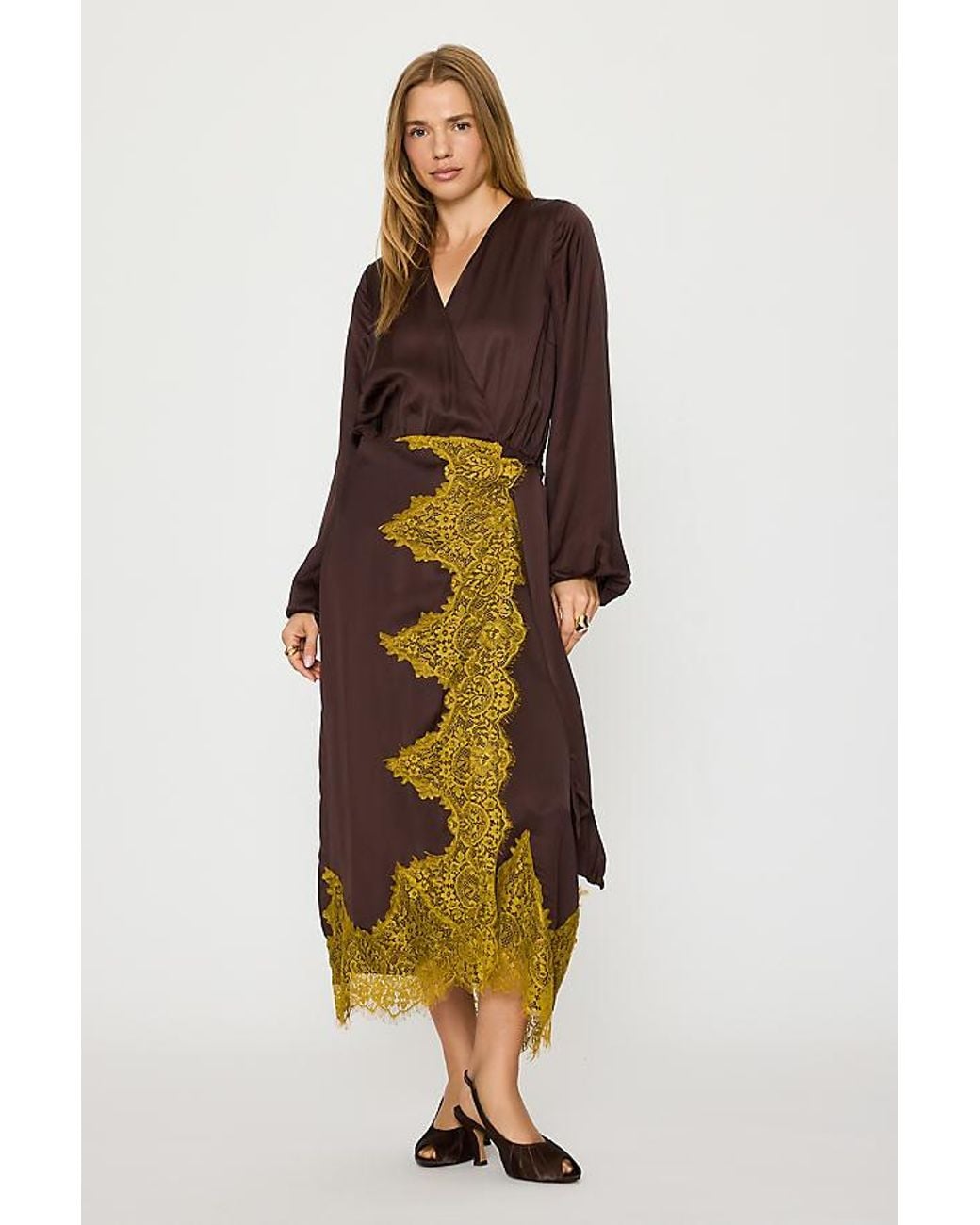 Never Fully Dressed Brown Isabella Satin Midi Wrap Dress