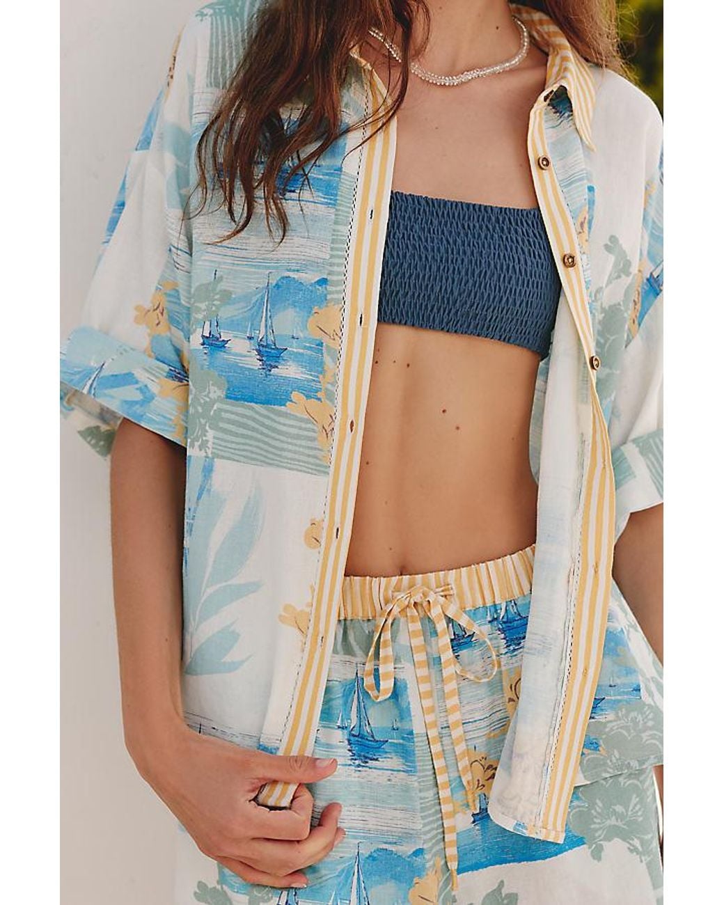 Celandine Blue Linen-Blend Printed Buttondown