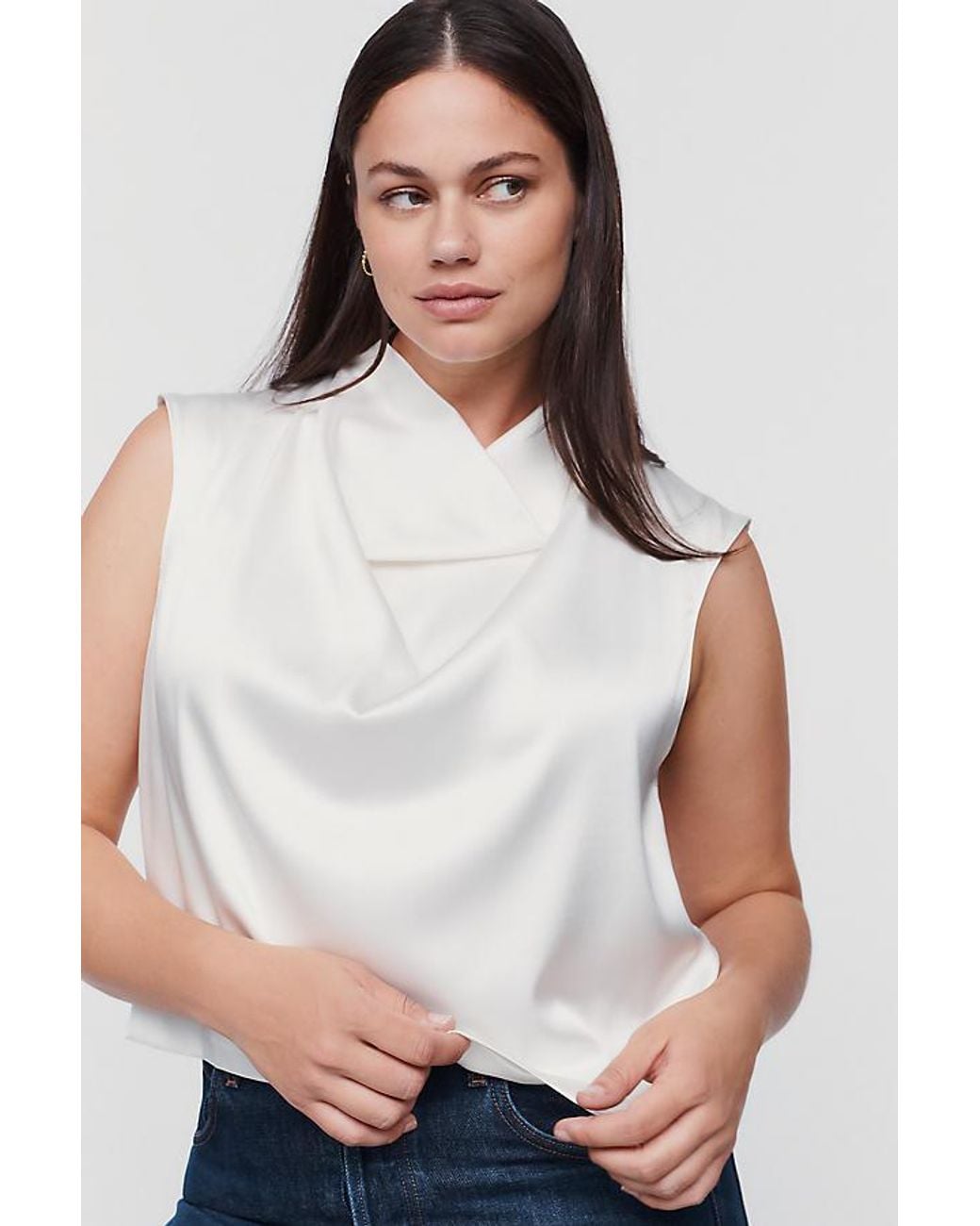 By Anthropologie White Stretch Silk Cowl-Neck Top