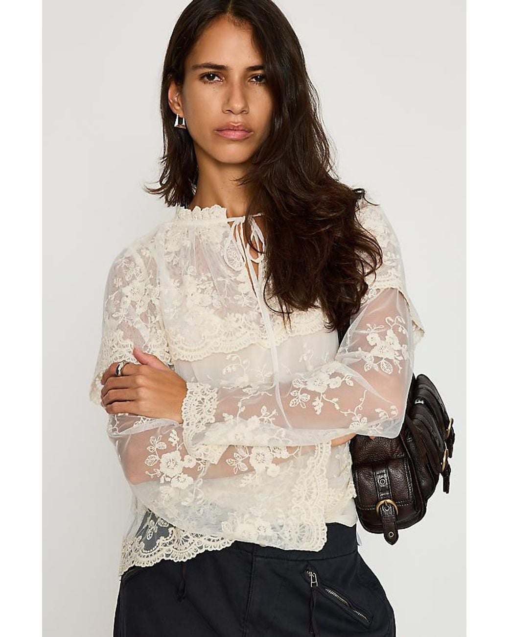 By Anthropologie Natural Long-Sleeve Cape Lace Blouse