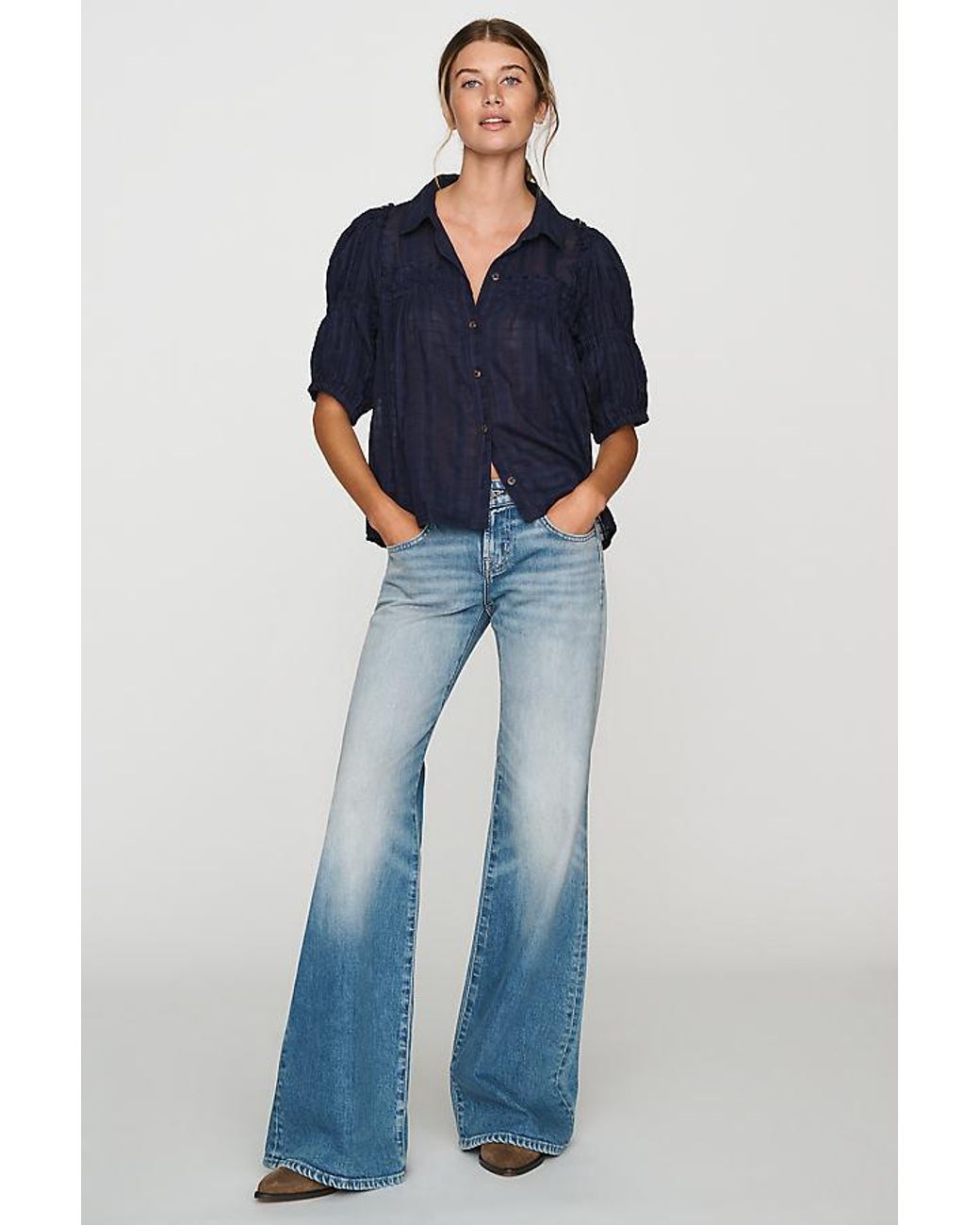 Pilcro Blue Puff-Sleeve Swing Blouse
