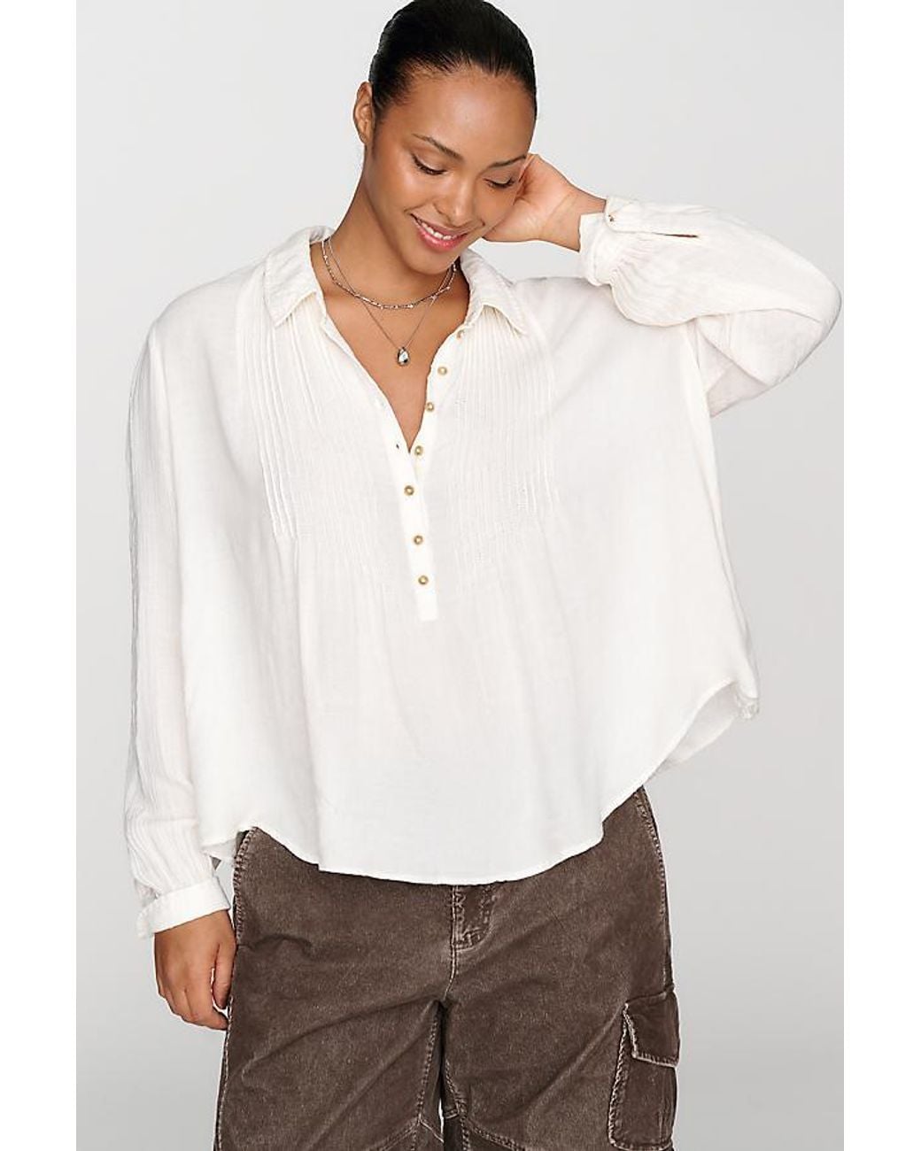 Pilcro White Wool-Blend Pleated Henley Blouse