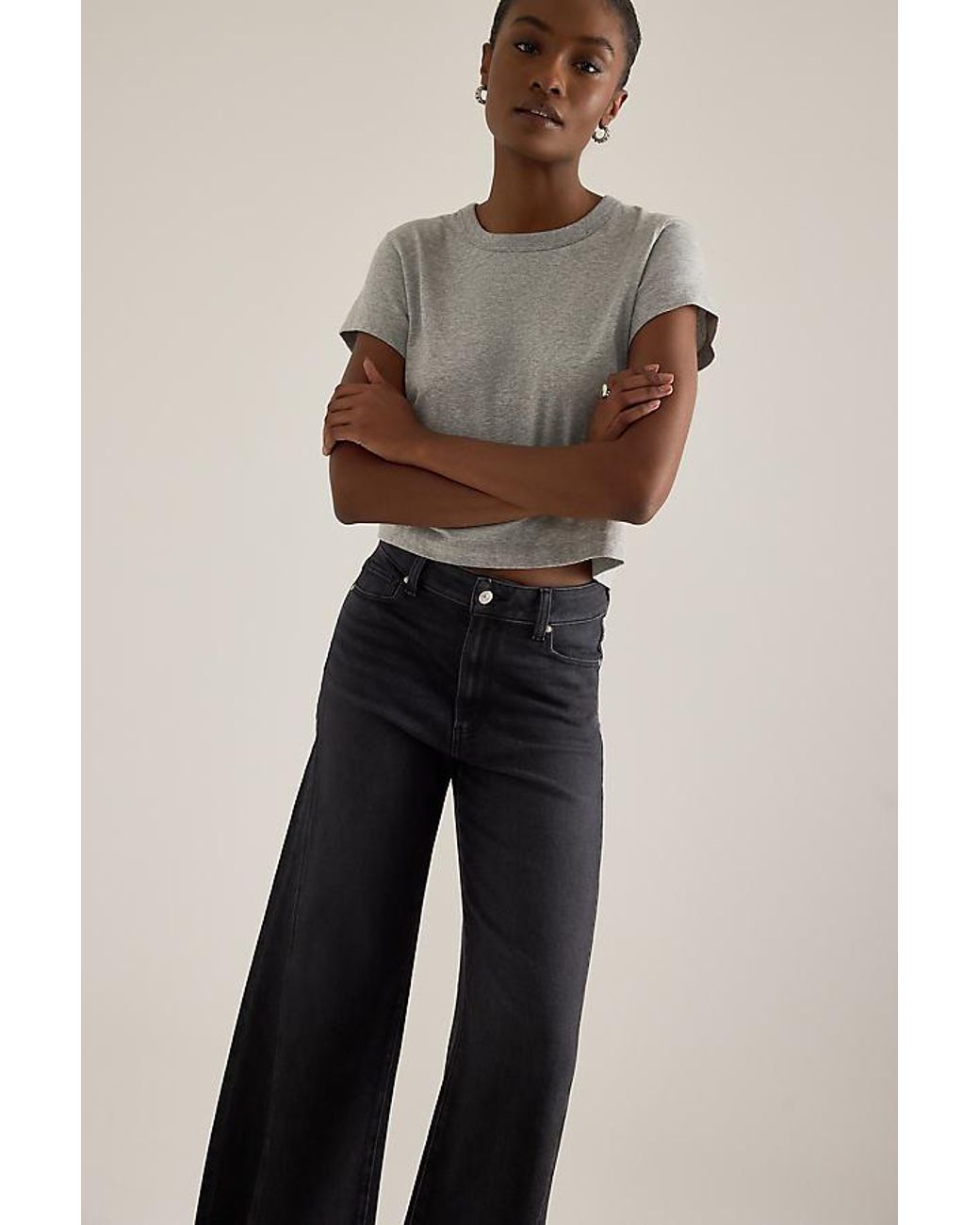 PAIGE Black Anessa Twisted Panel Crop Wide-Leg Jeans
