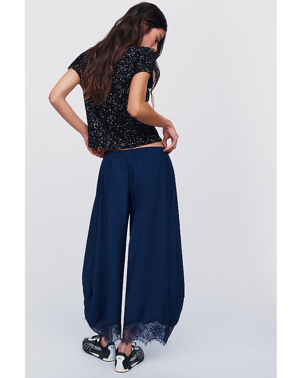 By Anthropologie Blue Reverie Cropped Lace-Hem Trousers