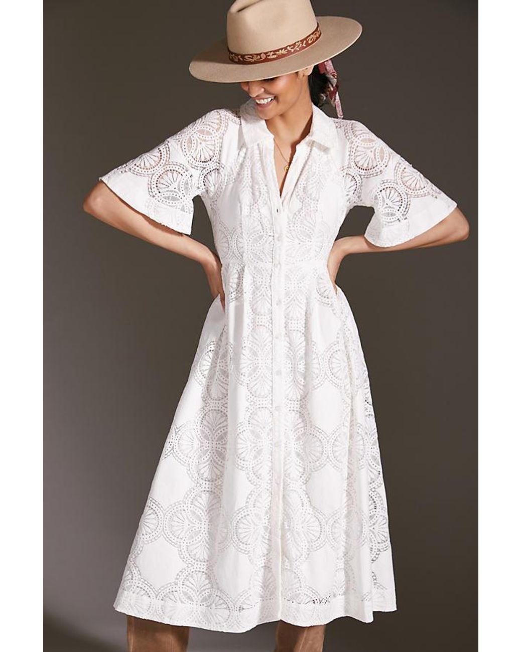 Maeve Eyelet Midi Dress in White | Lyst UK