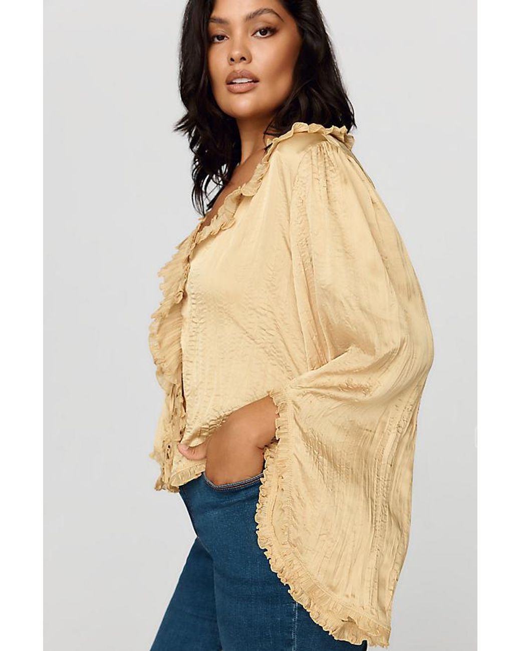 By Anthropologie Natural Mariana Satin Ruffled Tie-Front Blouse
