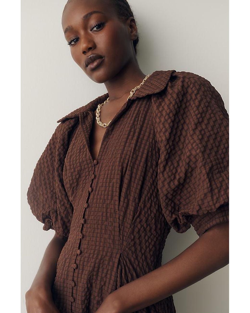 English Factory Brown Puff-Sleeve Textured Midi Shirt Dress