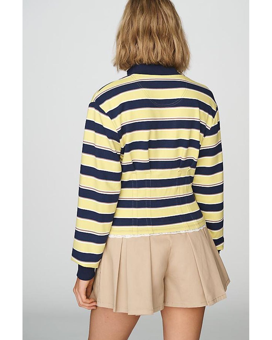 Maeve Multicolor Lace-Trim Corset Long-Sleeve Polo Top