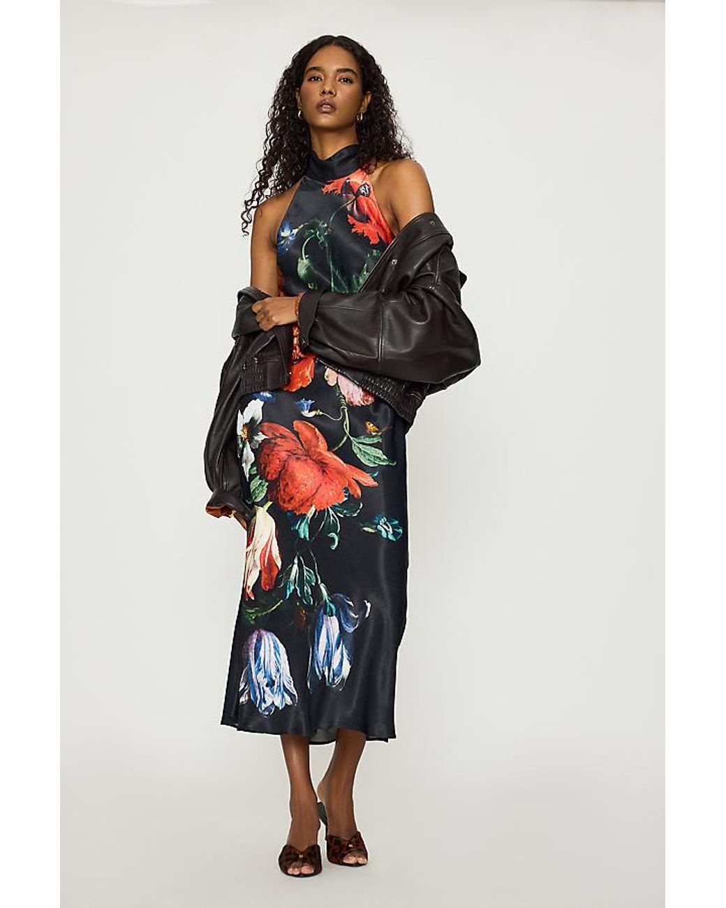 By Anthropologie Multicolor Floral Satin Halter Tassel Maxi Dress