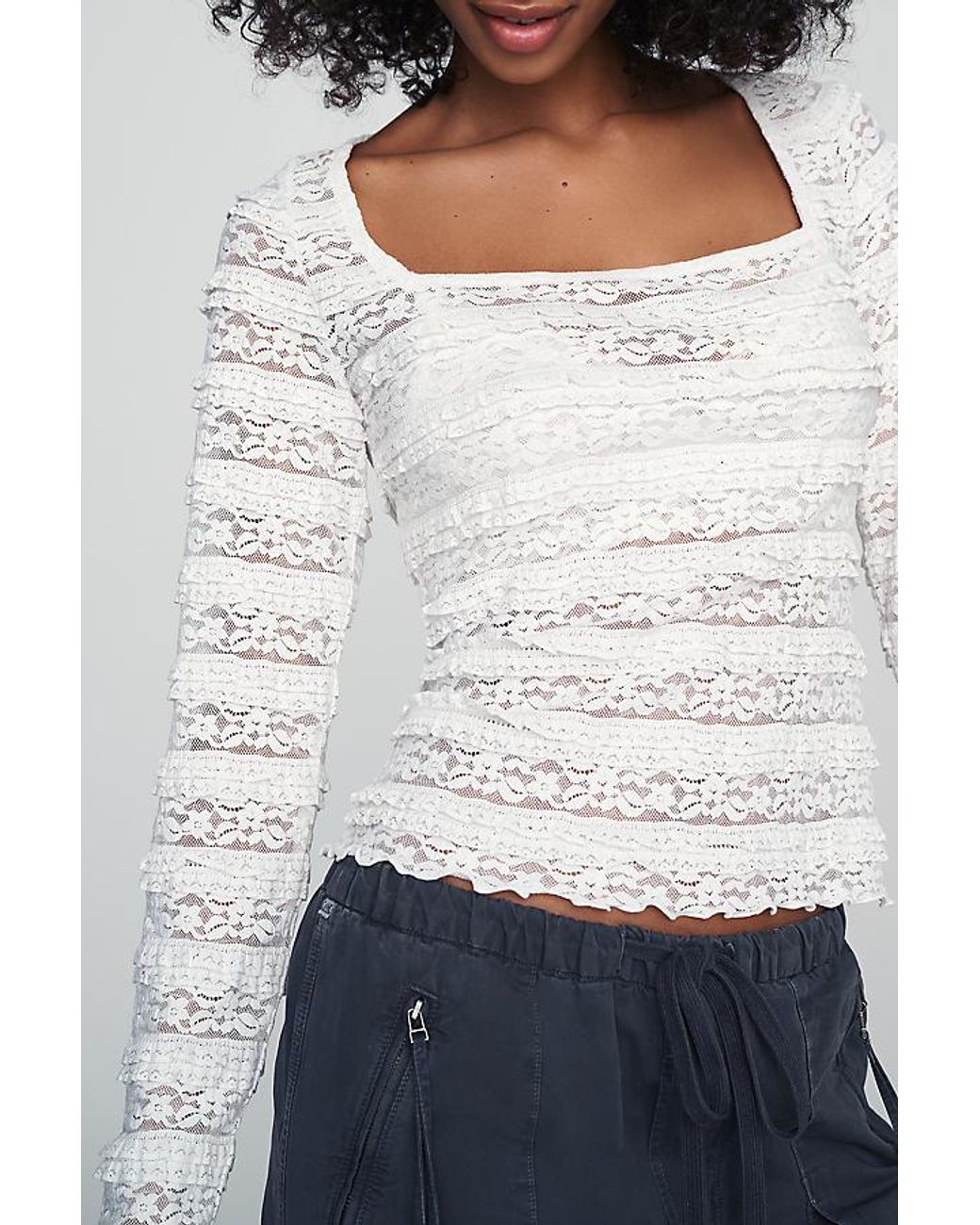 By Anthropologie White Square-Neck Lace Long-Sleeve Top