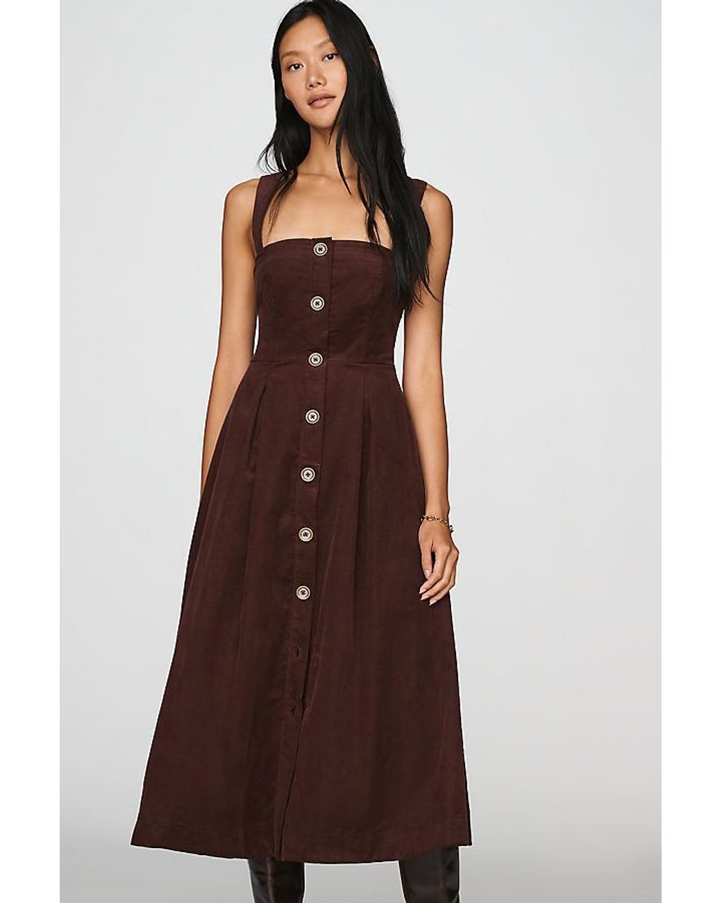 Maeve Brown 100% Cotton Corduroy Button-Front Midi Dress