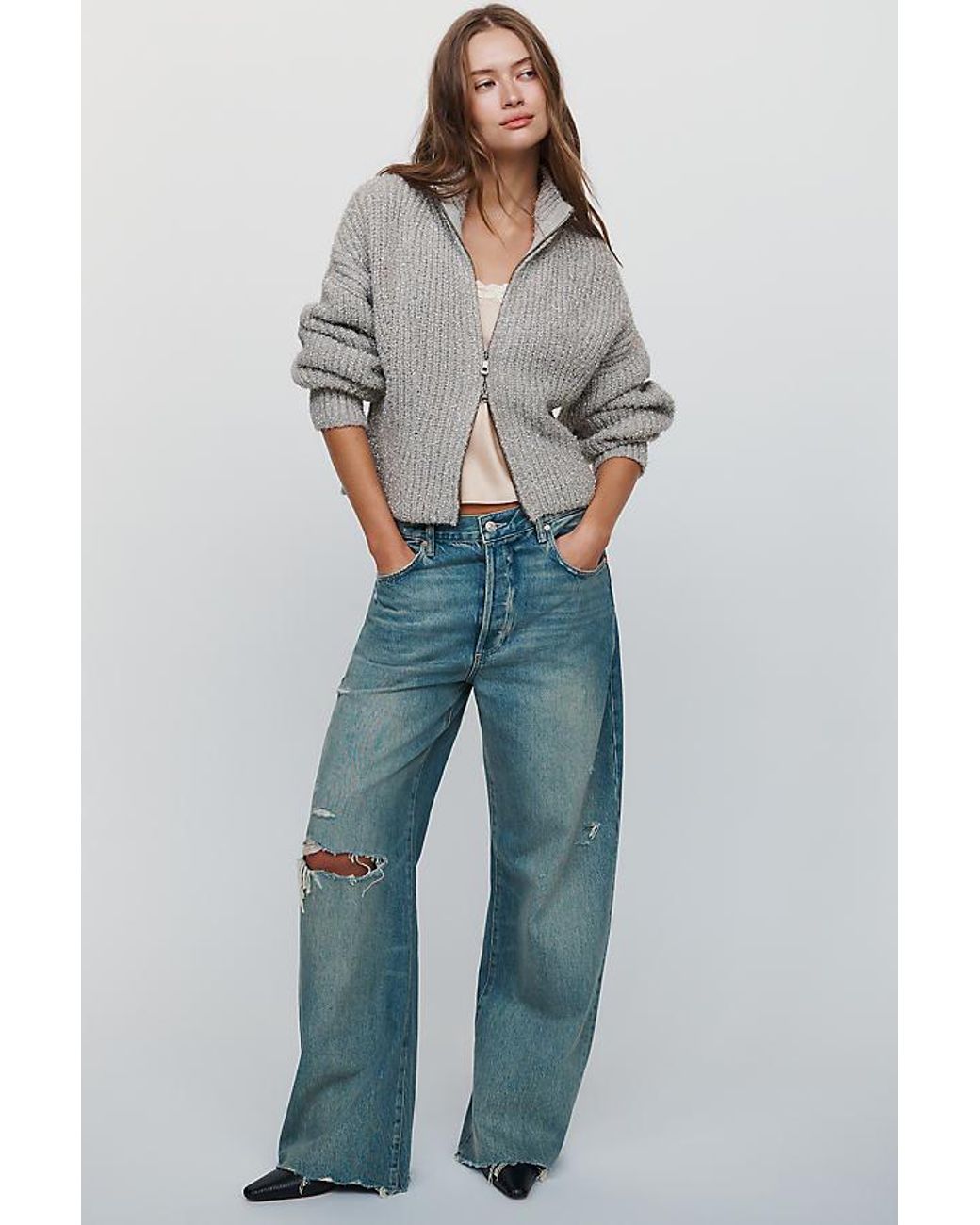 Pilcro Gray Zip-Through Mock-Neck Jumper