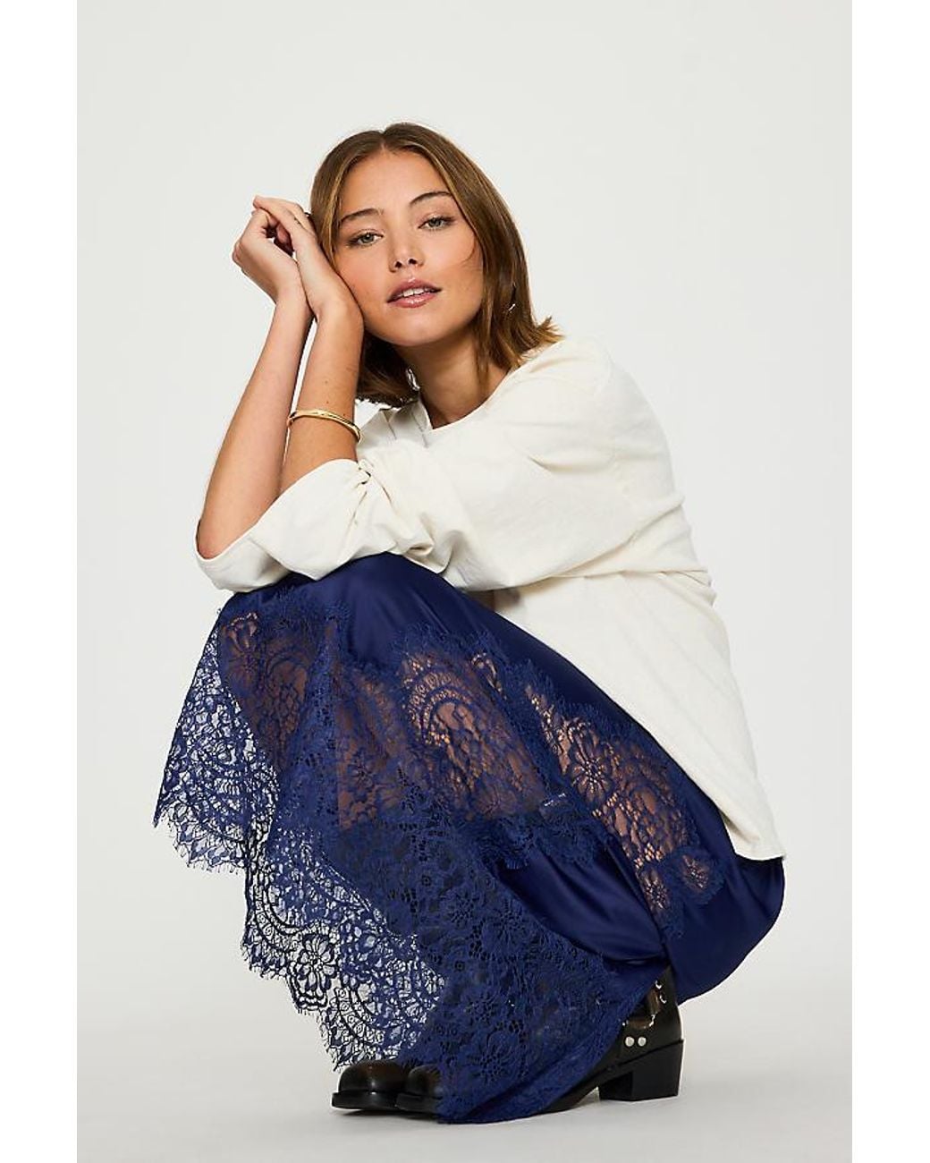 Bl-nk Blue Millie Lace-Trim Midi Skirt