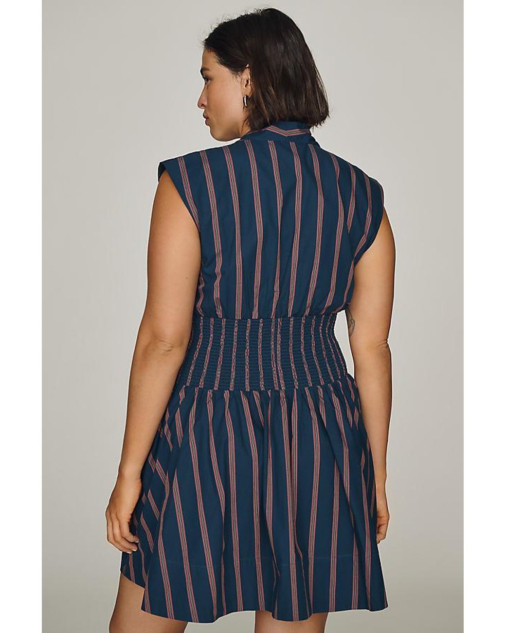 By Anthropologie Blue The Tommie Cap-Sleeve Smocked Front-Zip Shirt Dress: Stripe Edition