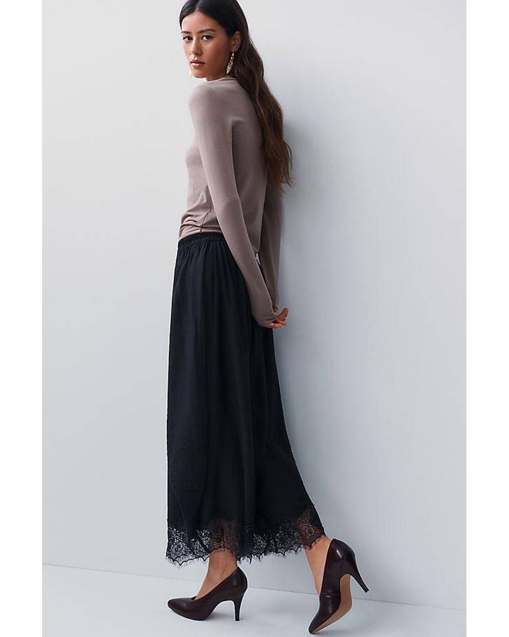 By Anthropologie Blue Reverie Cropped Lace-Hem Trousers
