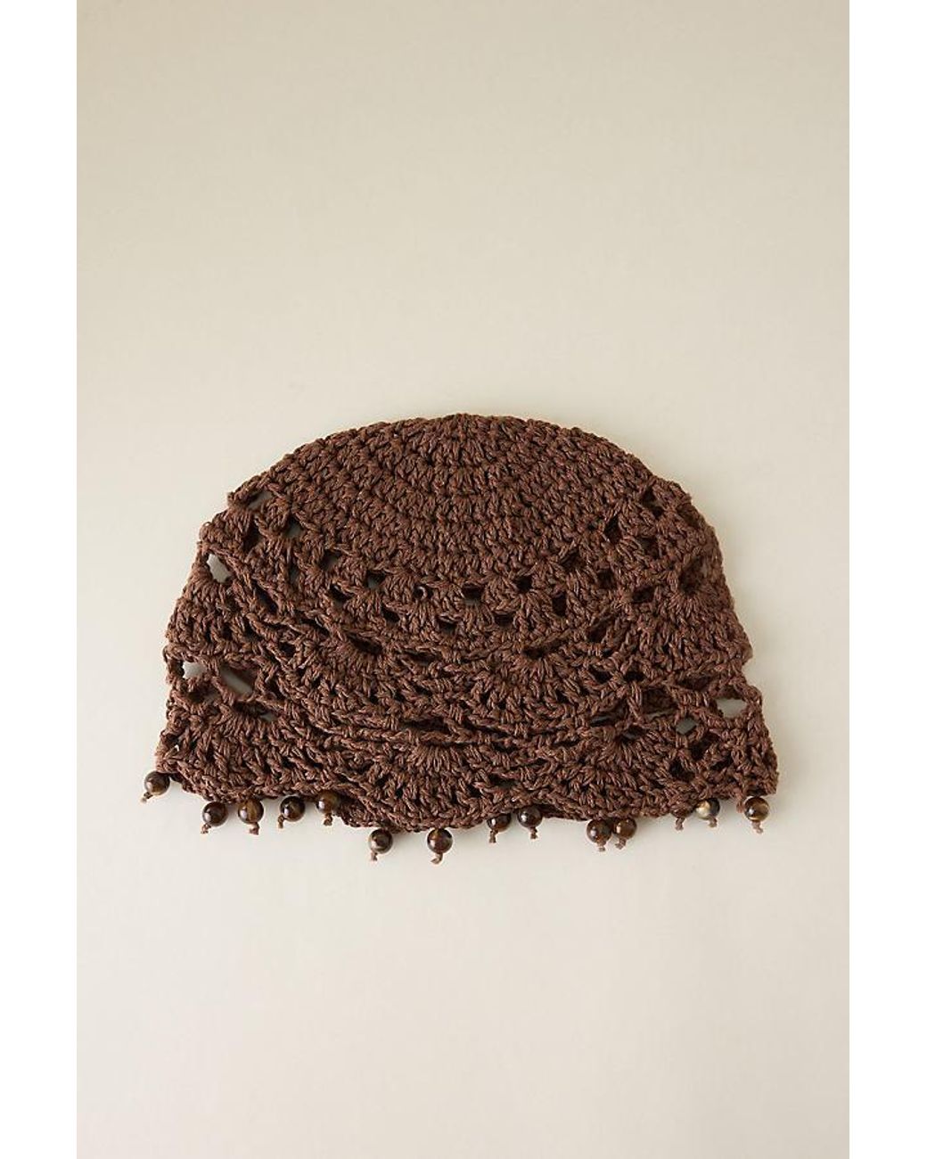 By Anthropologie Brown Crochet Beaded Skull Cap