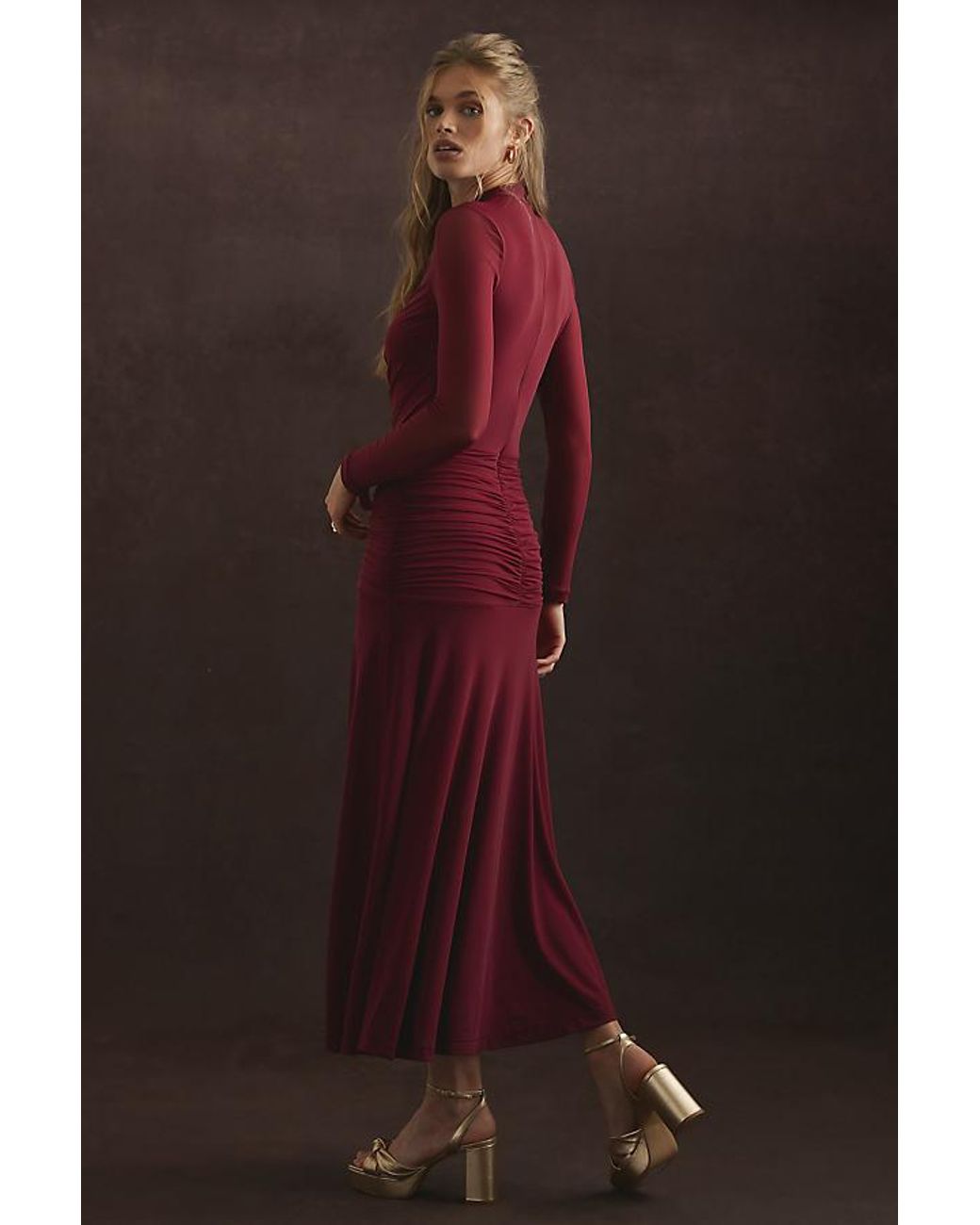 Bardot Liyana Ruched Mesh Maxi Dress in Brown | Lyst UK