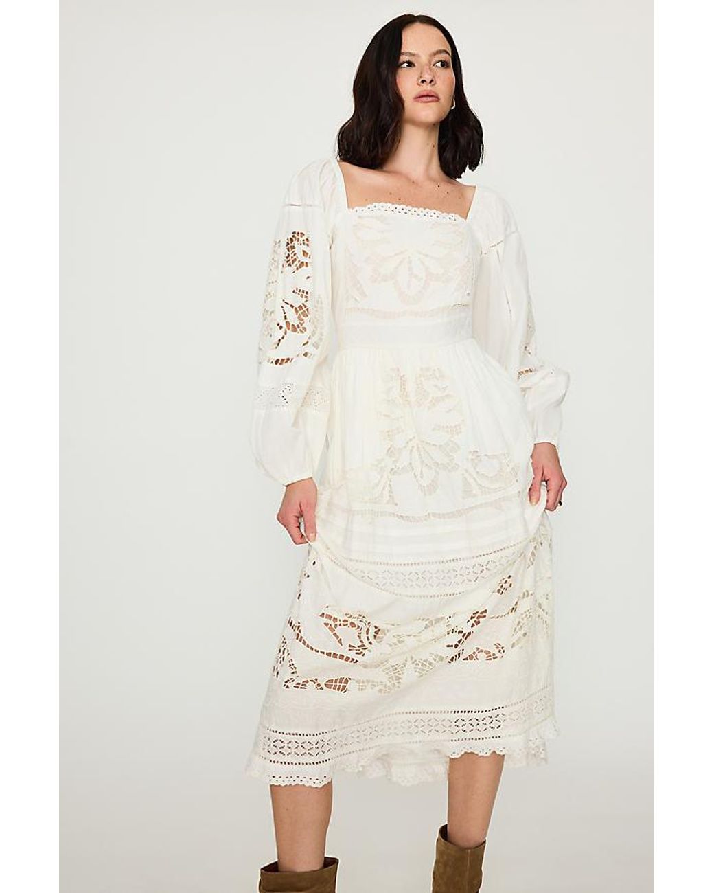 Bl-nk Natural Cutwork Long-Sleeve 100% Cotton Midi Dress