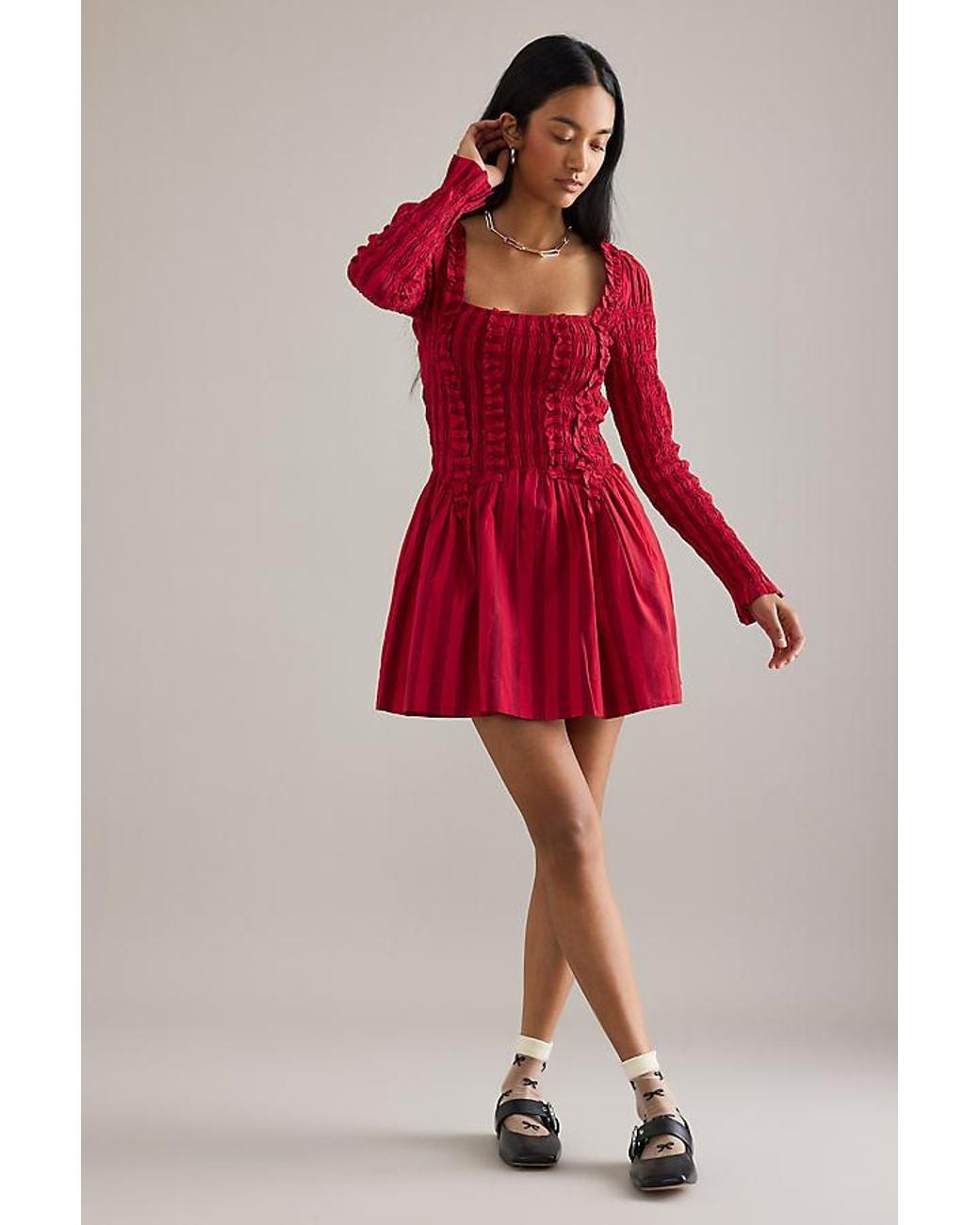 Umenlele Women's Mock Neck Tiered Ruffle Mini Dress - Long Sleeve Smocked Babydoll Dress, Red, Size Small - View #4